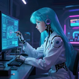 cybernetic late 8 0's dystopian anime movie still : : synth art : : long cyan haired synthetoid android science girl researcher : : somber far future neon lab background interior : : watching cyber board
