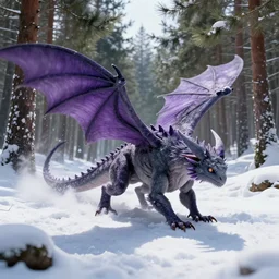 realistic moth dragon, grey and purple color scheme, in a snowy pine forest, dynamic shadows, dynamic colors, trending on artstation, 4 k