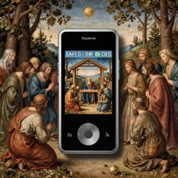 Medieval painting of the nativity scene with an Ipod. High resolution. Highly detailed. Art station. 8k