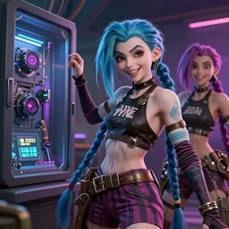 Ladies, with detailed faces of Jinx from Arcane movie, dancing near electrical case display, total recall tech, , ultrarealistic, dramatic lighting, electrical details, high details, 4k, 8k, best, accurate, trending on artstation, artstation, photorealism, ultrarealistic, digital painting, style of Peter Mohrbacher, Caravaggio, Boris Vallejo