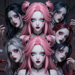 no escape from beneath stunningly absurdly beautiful omnipotent asi goddess junko enoshima with multiple twisted megalomaniacal personalities, symmetrical perfect face, porcelain skin, pink twintail hair and cyan eyes, ultra detailed, digital art, unreal engine 5, octane render, 2 d anime, 8 k