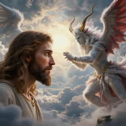 Jesus Christ battling Lucifer in Heaven, detailed face, digital art,ultra realistic,ultra detailed, ultra wide Lens