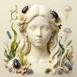 hyperrealistic detailed portrait of ivory beautiful symmetric girl, with flowers, beetles, corals, sea kelp, sea plants, vines, jellyfish, bacteria, fish skeletons, fungi, scales, golden filigree, art by ernst haeckel, john william godward, hammershøi, alphons mucha, pontormo, ornamental, decorative, art nouveau pattern, deep pastel colors