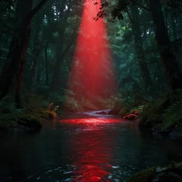 a photo of a dream world, forest, river, red spotlight, dark lighting, reflective surface, unreal engine