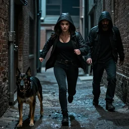 a white female thief running towards us in a dark city alley with another thief on her right side and a dangerous dog on her left side.