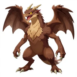 medium sized brown feathered wyvern that stands on 2 legs with razor sharp teeth and sharp claws, my hero academia art style