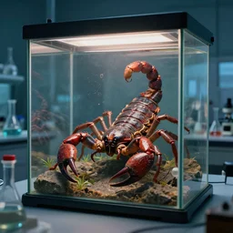 a large transparent glass containment chamber containing a scorpion lovecraft monster in a furnished science laboratory, dramatic lighting, octane, trending on artstation, volumetric lighting — w 6 4 0