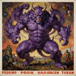 purple oni, monumental painting by gerrit van honthorst and hajime sorayama and devis stuart, illusion surreal art, highly conceptual figurative art, intricate detailed oil illustration, controversial poster art, polish poster art 1 9 8 0