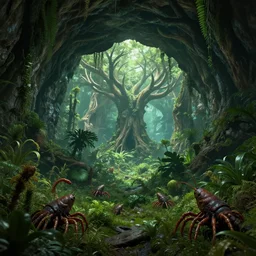 underground cave on an exotic alien planet with a lush jungle archway of antler trees in the background, leafy overgrowth, crustacean - like weeds, by ian miller, rodney matthews and al feldstein, octane, ue 5, extremely hyperdetailed