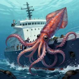 a giant squid attacking a ship, its tentacles wrapping around, squid, trending on artstation