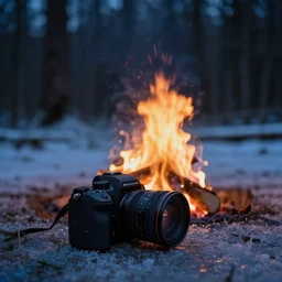 a campfire is sitting in a frozen forest at night, clear focus, bokeh effect, high res, hasselblad, 4 k, iso 1 0 0, shutter speed 1 2 5, aperture 8, dslr, professional, cinematic