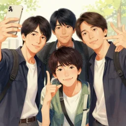 a detailed colorful illustration of three guys ( daichi, sugawara, asahi ) posing for a selfie by timothy kong, trending on artstation