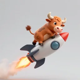 a cartoon bull riding a rocket there is a flame coming out of the rocket there is a trail of smoke the bull is excited to ride the rocket the bull has twisted smile, cell shaded, flat lighting, drop shadows