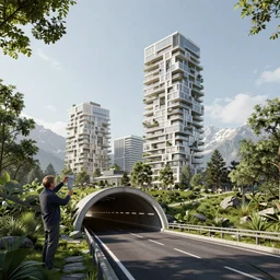 ralph mcquarrie establishing shot of modern bjarke ingels condo building and gotthard tunnel entrance combined, roads tunnel under bjarke ingels condo building, lush scenery, scifi artstation digital concept art, unreal engine, hyper realism, realistic shading, cinematic composition, blender render, octane render, wide shot