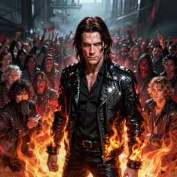 nick cave as sandman from dc comics fighting a large crowd, black jacket with fire design details, specular highlights, global ilumination, scary atmospheric lighting, sharp focus, vivid color scheme, hyper realistic digital painting fantasy art by cristian sauret, greg rutkowski, lee bermejo, artgerm, makoto shinkai and clay mann