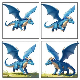 4 panel comic of a blue dragon flying then landing on the ground, digital art, fantasy art