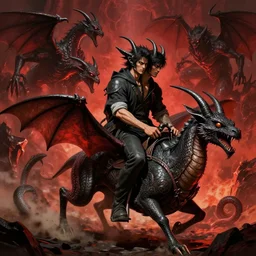 digital art of two headed man riding a three headed bat with snake tail to battle against demons in hell by hideo kojima, concept art, ultra detail, fantasy, game, 4 k