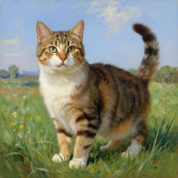 A painting of a cat under the sky in a field, extreme detail, by (Ross Tran, Norman Rockwell, Leonardo da Vinci, Claude Monet), Trending on Artstation