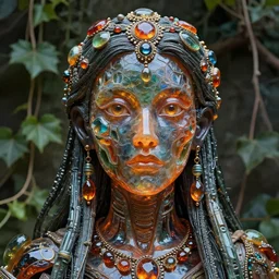 detailed portrait, shaman priestess, molten glassworks face sculpted features, large eyes, statuesque, glass skin, fiberglass hair, tech noir, opulent, encrusted, jewel, refractions, cybernetic, organic impressionism, vine backdrop, natural colors, octane render