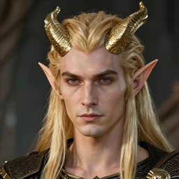 adult male elf ; 2 5 years ; sharp effeminate face ; elf ; clean shaven ; long golden hair ; golden horns ; patches of scales ; pointed ears ; in the style of hellsing ; trending on artstation ; cinematic ; high detail ; digital art ; anime key visual ;