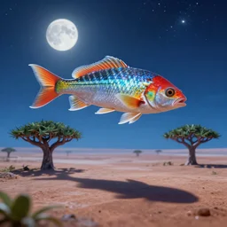 koi fish floating in the sky over moonlit socotra island with dragon trees, starry night, sharp focus, wide shot, trending on artstation, masterpiece, by greg rutkowski, by ross tran, by fenghua zhong, octane, soft render, ultrarealistic, colorful, cinematic, shadow of the tomb rider