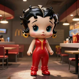 anthropomorphic life size Betty Boop in Mc Donalds, real hair, dimly lit, liminal space, photorealistic, unrealengine octane 3d render