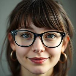 a portrait photograph of a nerdy young woman with big glasses, dof, sharp focus, slight smile, highly detailed face, symmetric face, realistic iris, photography by paolo roversi