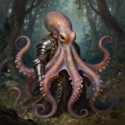 photo of a humanoid octopus hybrid were a heroic dress an armour in the forest, @ @ lenin face @ @, long hair, highly detailed, digital painting, artstation, smooth, sharp focus, illustration, art by artgerm and greg rutkowski and alphonse mucha