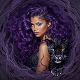 zendaya with wavy dark purple hair coming out of the abyss with a panther, ultrafine hyperrealistic fantasy oil painting, art by ida outhwaite and loish, trending on artstation, intricate linework, sharp focus, smooth, unreal engine, dramatic lighting, 8 k,