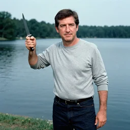 Film still depicting Ted Cruz as the Zodiac Killer by a lake, holding a knife with intent to stab (1969)