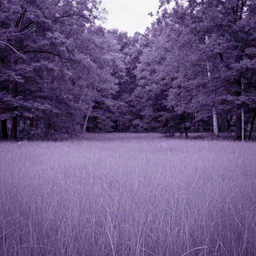 a field in a middle of a forest. monochromatic purple filter.