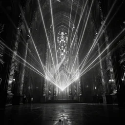 a dark under water cathedral, black and white, vintage kodak, lasers all over the scene, strobe lights, winter, dark scenery, dark lighting, cinematic, cold freezing nights, laser lights, crybernetic, top floor boss shit, destroy lonely, black floor, lavish, luxurious, marble walls, cinematic, hyper realism, high detail, octane render, 8 k