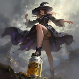 low angle of a female witch stepping on a beer can, fantasy, intricate, sharp focus, lens flare, bloom, illustration, highly detailed, digital painting, concept art, matte, art by ruan jia and wlop and greg rutkowski, masterpiece
