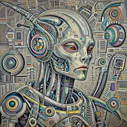 cinematic bust portrait of psychedelic robot from left, head and chest only, exotic alien features, robotic enhancements, desaturated, tim hildebrandt, wayne barlowe, bruce pennington, donato giancola, larry elmore, oil on canvas, masterpiece, trending on artstation, featured on pixiv, cinematic composition, dramatic pose, beautiful lighting, sharp, details, hyper - detailed, hd, hdr, 4 k, 8 k