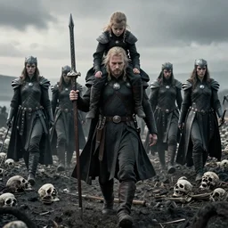 odin with huggin and munning on his shoulders walking through the sea of death, followed by the valkyries. he is holding gungir in his right hand