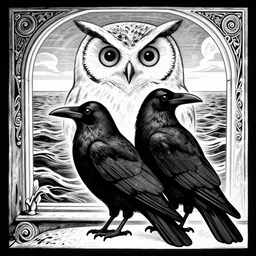 psychedelic, monochrome artwork!!, of a raven and raven combined, in front of an owl that is a window into the ocean, by didier comes, graphic novel art,