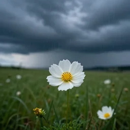 a white and yellow flower in stormy weather, cinematic look, god lighting, 4 k, beautiful landscape