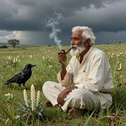 an elderly indian don juan is sitting in a field with peyote and smoking a pipe, a raven walks next to him by william morris