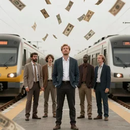 rich man looking at us standing still in front of two trains heading at us, falling money, realistic, photo