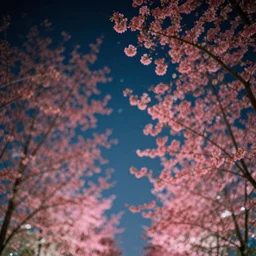 lomo photo of looking up at trees with pink leaves, night sky, stars, cinestill, bokeh