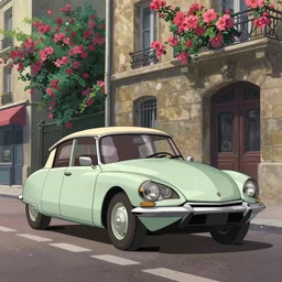 a wholesome beautiful animation key shot of!! one!! focused!! 1 9 7 4 citroen ds!! in a paris street, medium wide shot, studio ghibli, ( pixar ) and disney animation, sharp, very detailed, high resolution, rendered in unreal engine 5, anime key art by greg rutkowski, bloom, dramatic lighting