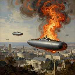 Fleet Airships before battle on a neoclassical city. By (Rembrandt painting(100)(fractal flame)), highly detailded