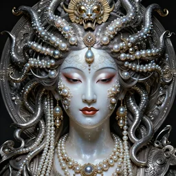 hyperrealism, detailed textures, award winning autochrome portrait photo, symetrical japanese pearl beautiful smiling medusa queen autochrome pearl portrait, pearl silverplate, intricate, detailed facial pearl scary animal mask, pearl, golden jewelery, silverplate, ultra realistic, cinematic, intricate, cinematic light by ray ceasar, unreal engine 8 k