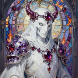 breathtaking detailed painting of a white grim reaper with a big headpiece, by ruan jia, armor made of ruby and amethyst, pale twilight stained glass, amalgamation of embers, 8 k, concept art, matte, sharp focus, rembrandt style