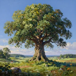 beautiful scandinavian landscape with the world tree yggdrasil reaching the sky, fantasy, landscape background, vivid colors, digital painting, very detailed, realistic, high quality, by claude lorrain