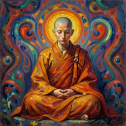 2 1 st century monk, silent, no talking, paranoia, symmetrical, concept art, intricate detail, volumetric shadows and lighting, psychedelic colors, vibrant, realistic oil painting by pabslo picasso