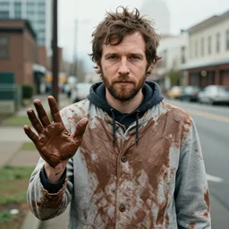 justin vernon from bon iver homeless covered in chocolate stains. portland oregon. photograph.