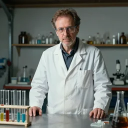 portrait of a mad scientist, in a garage, test tubes, by cory loftis