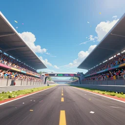 wide angle shot worms eye view of a futuristic racetrack finish line with confetti on a sunny day with a clear blue sky, cyberpunk, profile shot, digital painting, good value control, vibrant colors, crowded stands, three point perspective, rule of thirds, golden ratio, horizon line focus, sharp focus, vanishing point