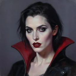 a realistic head and shoulder professional portrait of a female vampire, painted, interesting color use, vampire fashion, highly detailed, melancholy, trending on cgsociety